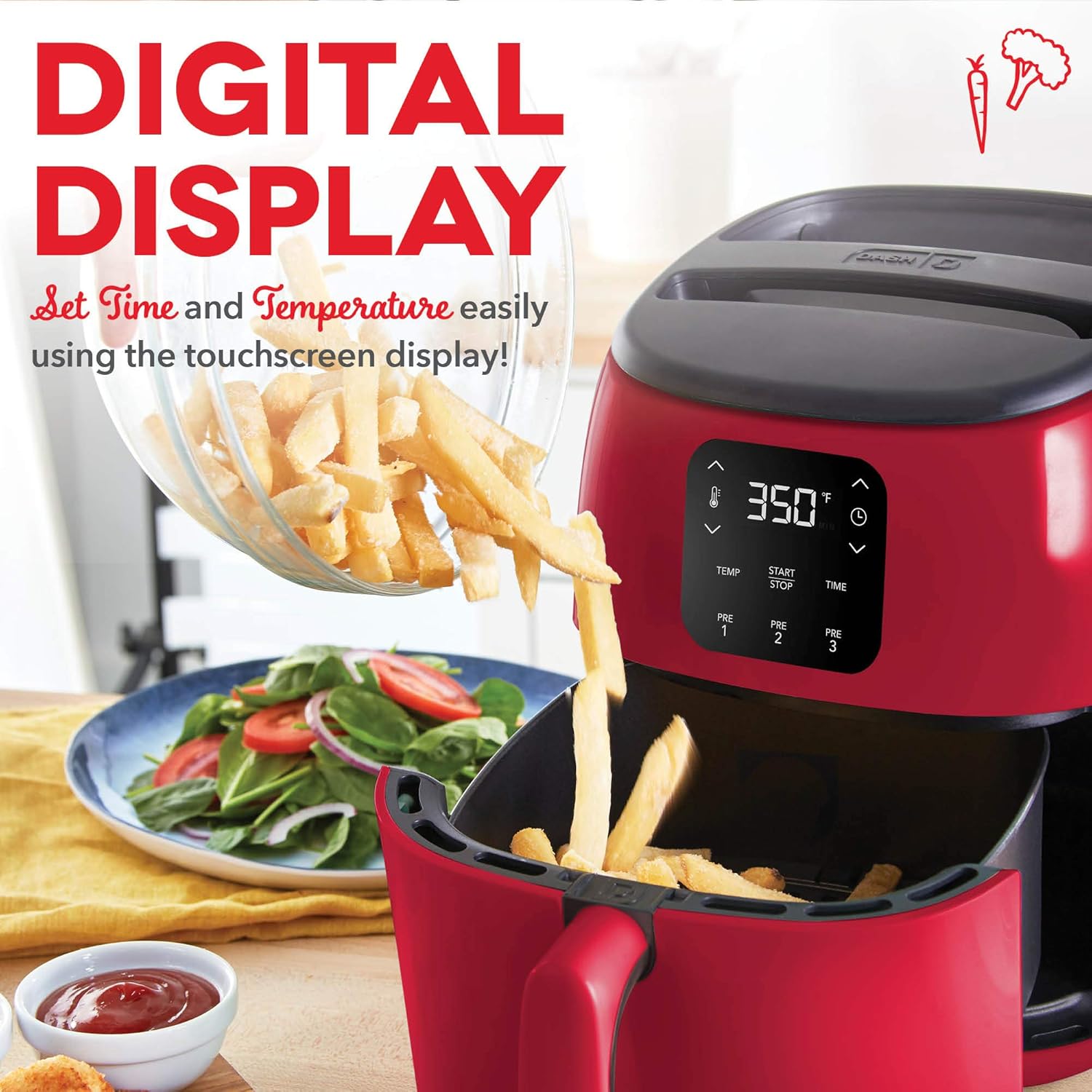 Compact 2.6 Qt. Red Electric Air Fryer Oven for Healthier Meals - Auto Shut Off, Digital, 1000-Watt - Ideal for Small Spaces - DASH Tasti-Crisp™