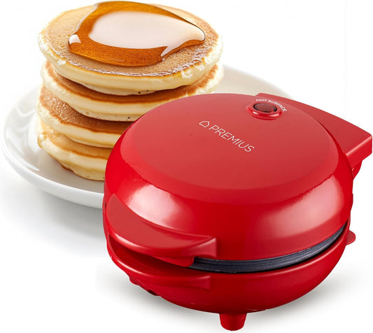 Compact Ceramic NonStick Snack Griddle Maker - 4" Mold for Fluffy Pancakes, Eggs, Pizzas & More in Red - Quick Heating for On-the-Go Meals