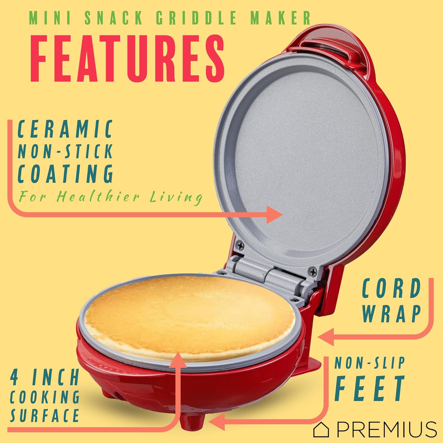 Compact Ceramic NonStick Snack Griddle Maker - 4" Mold for Fluffy Pancakes, Eggs, Pizzas & More in Red - Quick Heating for On-the-Go Meals