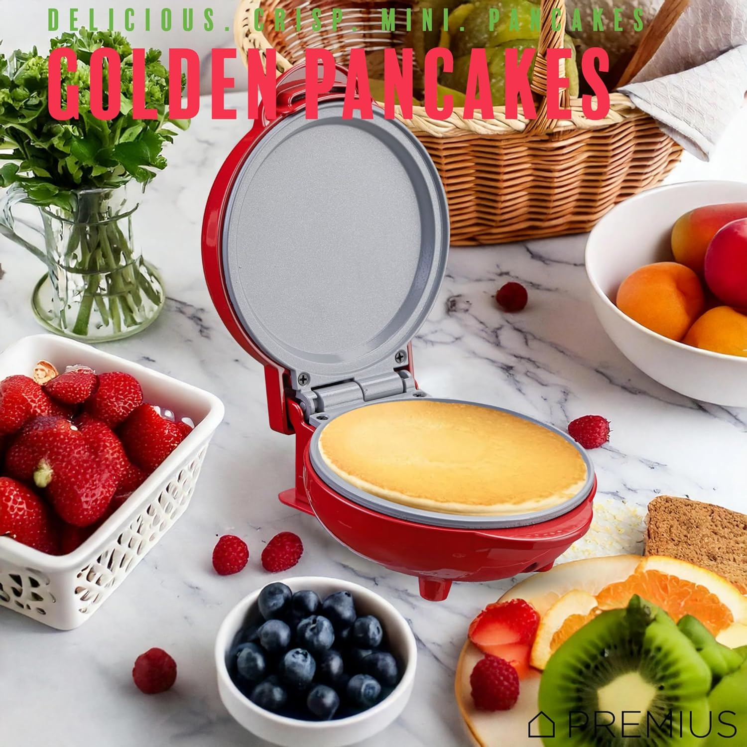 Compact Ceramic NonStick Snack Griddle Maker - 4" Mold for Fluffy Pancakes, Eggs, Pizzas & More in Red - Quick Heating for On-the-Go Meals
