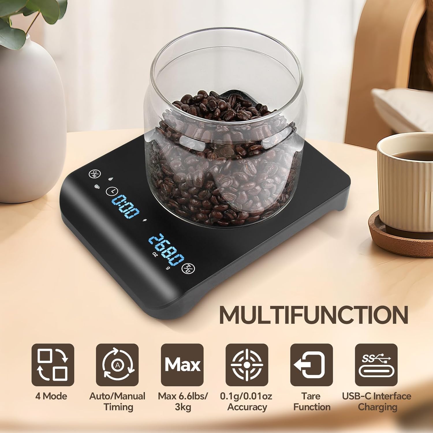Compact Coffee Scale with Timer 3kg/0.1g - Accurate Rechargeable Espresso Scale for Pour-Over, French Press - Automatic Timing