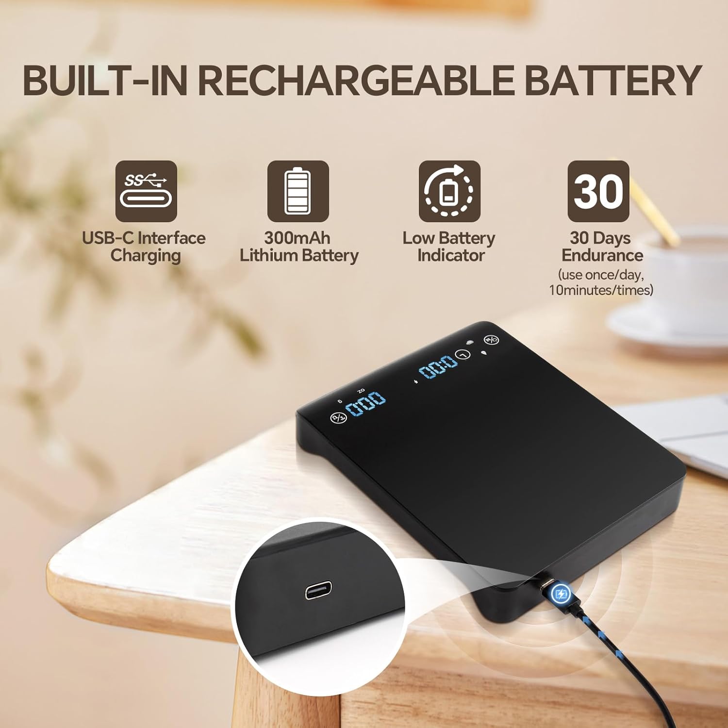 Compact Coffee Scale with Timer 3kg/0.1g - Accurate Rechargeable Espresso Scale for Pour-Over, French Press - Automatic Timing