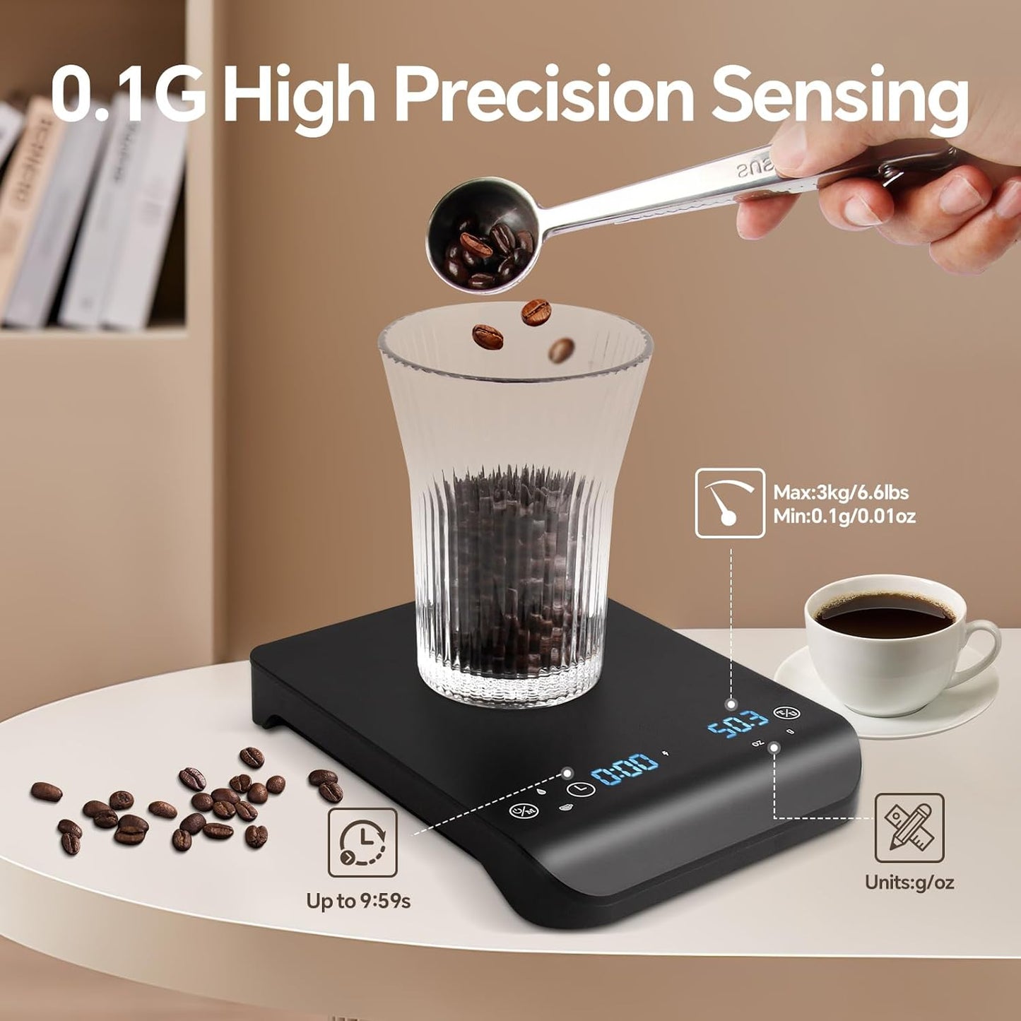 Compact Coffee Scale with Timer 3kg/0.1g - Accurate Rechargeable Espresso Scale for Pour-Over, French Press - Automatic Timing