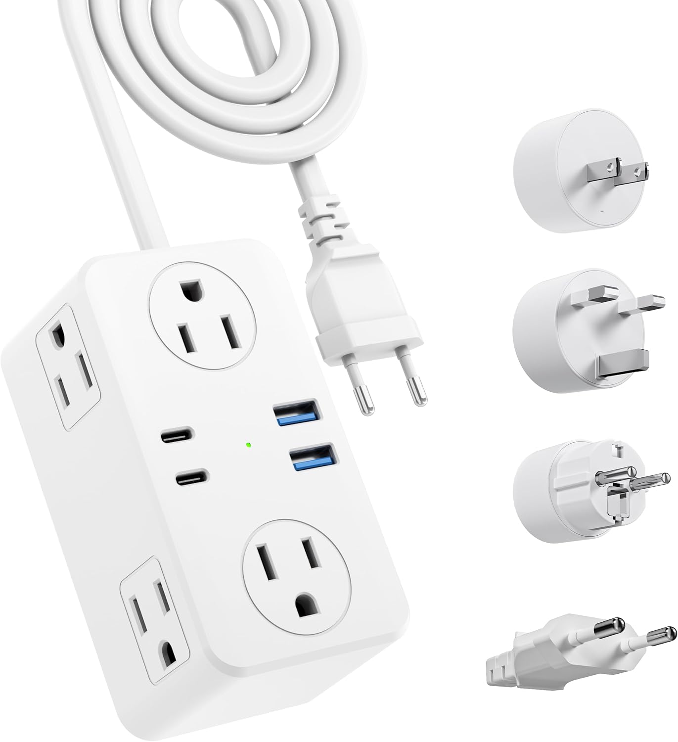 Compact European Travel Plug Adapter Power Strip with 6 AC Outlets, 20W USB C Power Delivery, 3ft Extension Cord - EU/UK/US Adapter for Travel