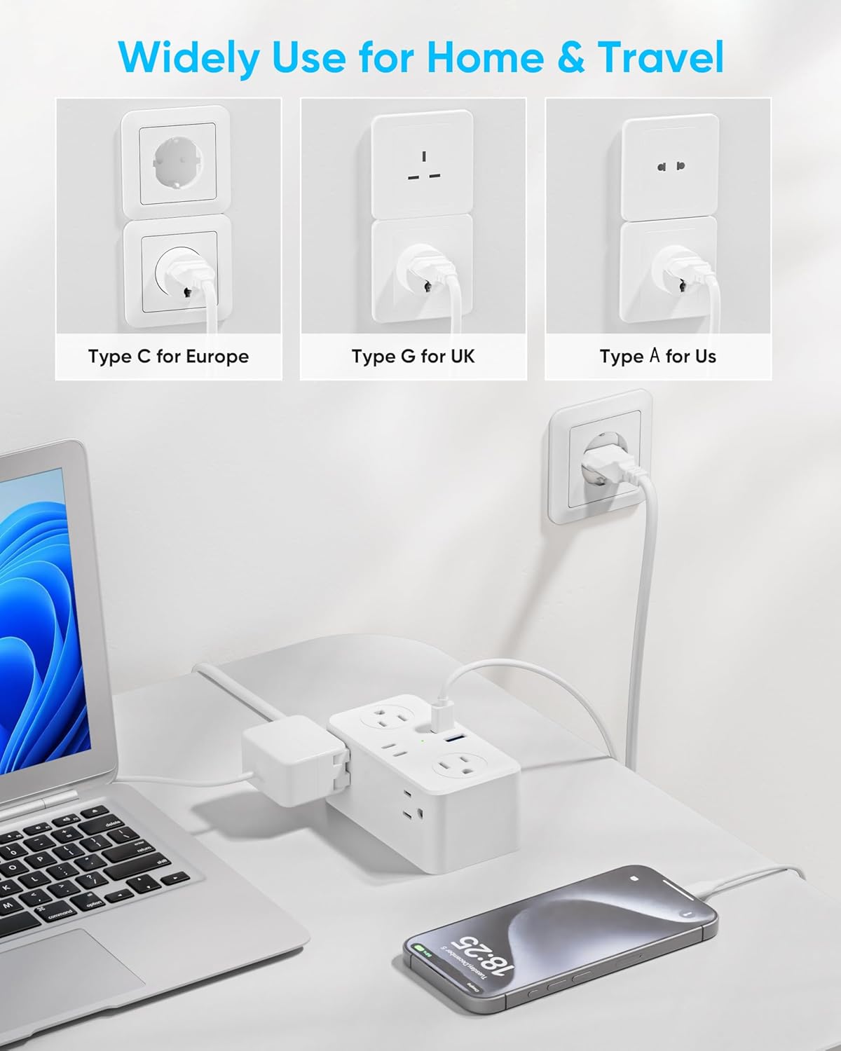 Compact European Travel Plug Adapter Power Strip with 6 AC Outlets, 20W USB C Power Delivery, 3ft Extension Cord - EU/UK/US Adapter for Travel