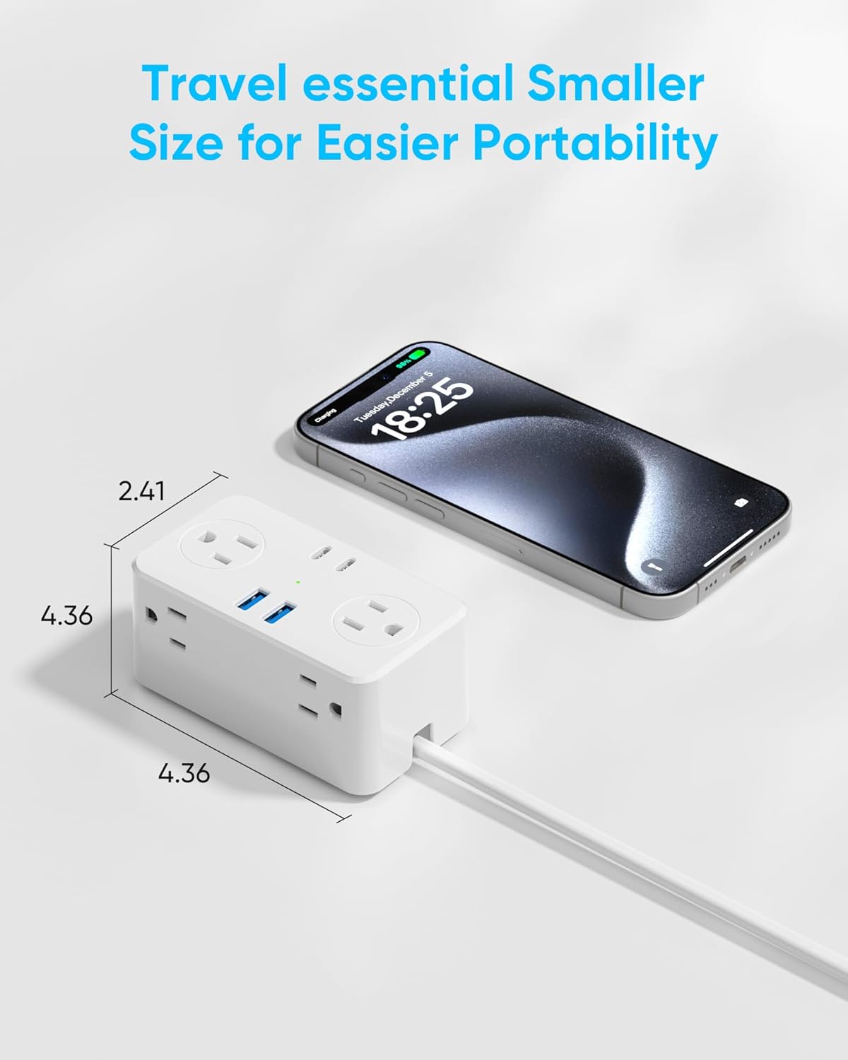 Compact European Travel Plug Adapter Power Strip with 6 AC Outlets, 20W USB C Power Delivery, 3ft Extension Cord - EU/UK/US Adapter for Travel