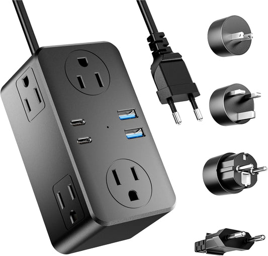 Compact European Travel Plug Adapter with 6 AC Outlets, 4 USB Ports, and 3ft Extension Cord - Black Color