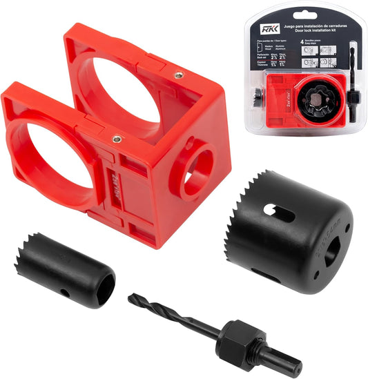Complete Door Lock Installation Kit with 2-1/8" and 1" Hole Saws, Guide Template, and Arbor - Ideal for Wooden Doors/Windows