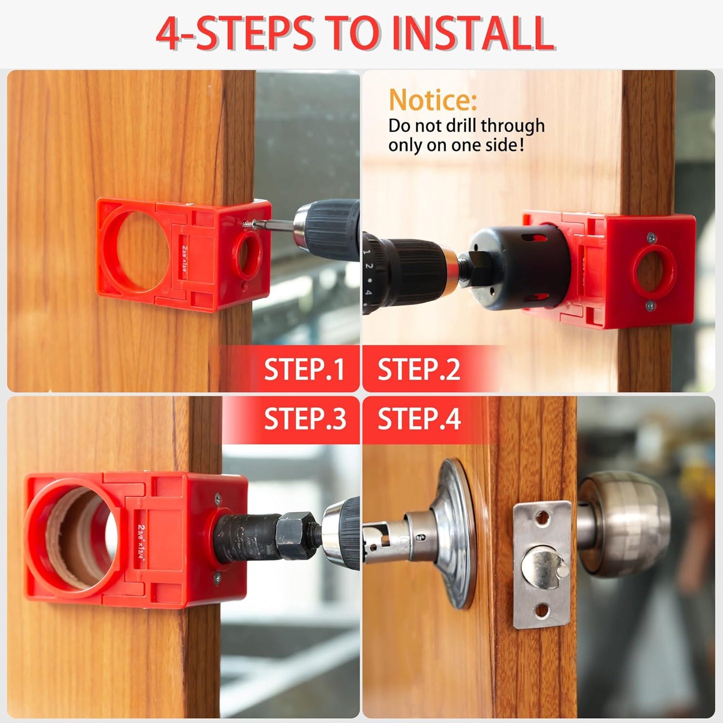 Complete Door Lock Installation Kit with 2-1/8" and 1" Hole Saws, Guide Template, and Arbor - Ideal for Wooden Doors/Windows