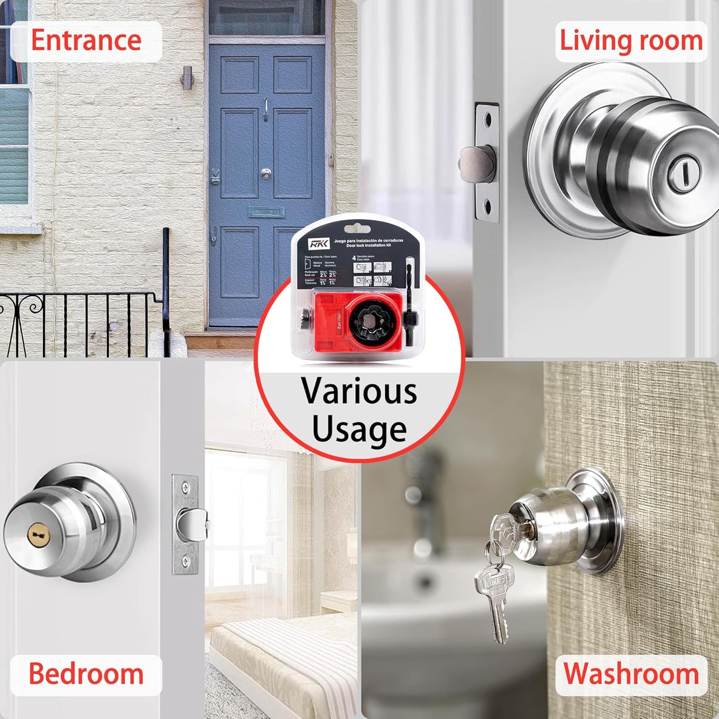 Complete Door Lock Installation Kit with 2-1/8" and 1" Hole Saws, Guide Template, and Arbor - Ideal for Wooden Doors/Windows