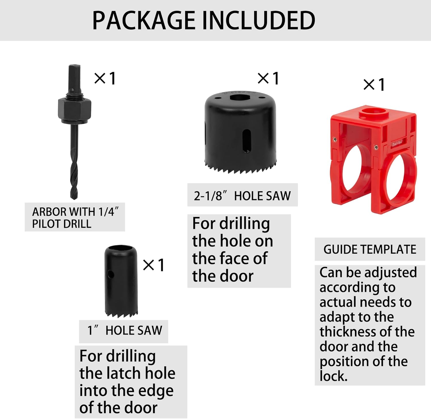 Complete Door Lock Installation Kit with 2-1/8" and 1" Hole Saws, Guide Template, and Arbor - Ideal for Wooden Doors/Windows