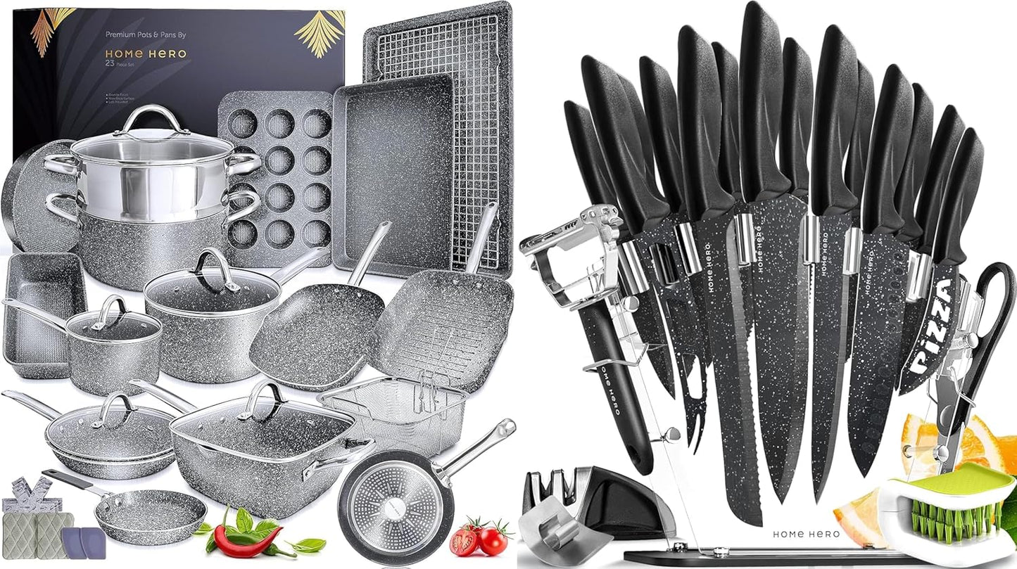 Complete Kitchen Bundle: 23 Pc Cookware Set + 20 Pc Knife Set for Home Chefs