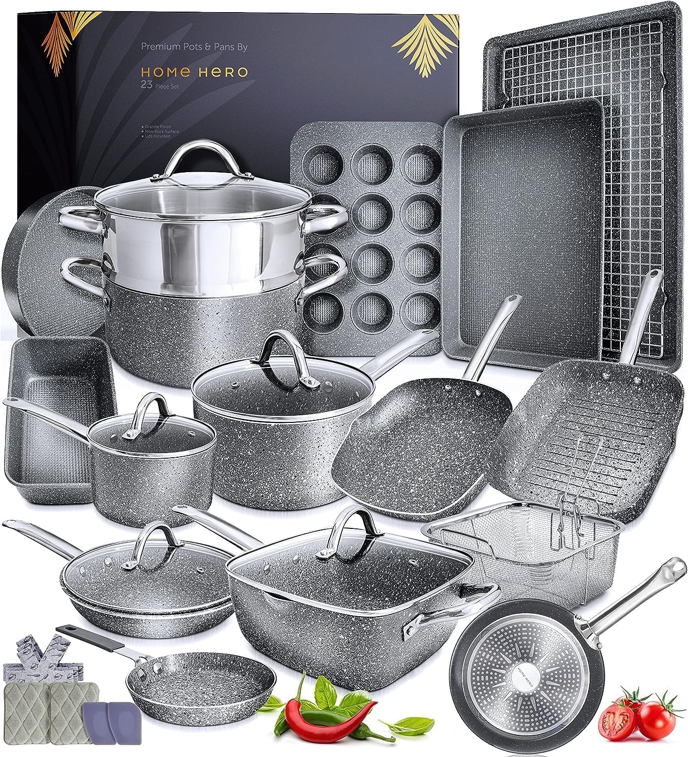 Complete Kitchen Bundle: 23 Pc Cookware Set + 20 Pc Knife Set for Home Chefs