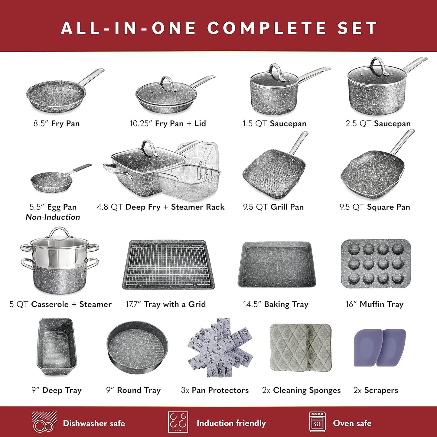 Complete Kitchen Bundle: 23 Pc Cookware Set + 20 Pc Knife Set for Home Chefs