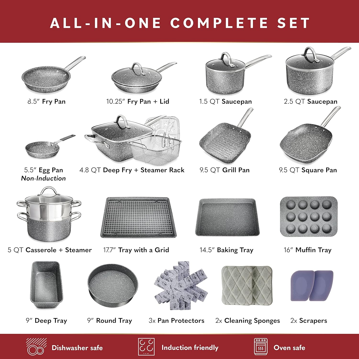 Complete Kitchen Bundle: 23 Pc Cookware Set + 20 Pc Knife Set for Home Chefs