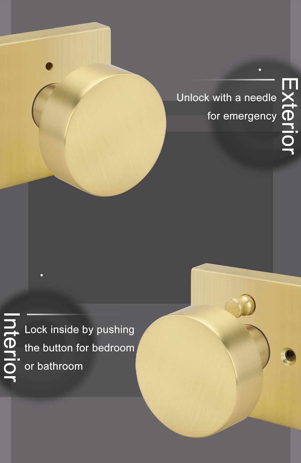 Contemporary Brushed Gold Privacy Interior Door Knob for Bedroom and Bathroom - Heavy Duty Zinc-Alloy, 1 Pack