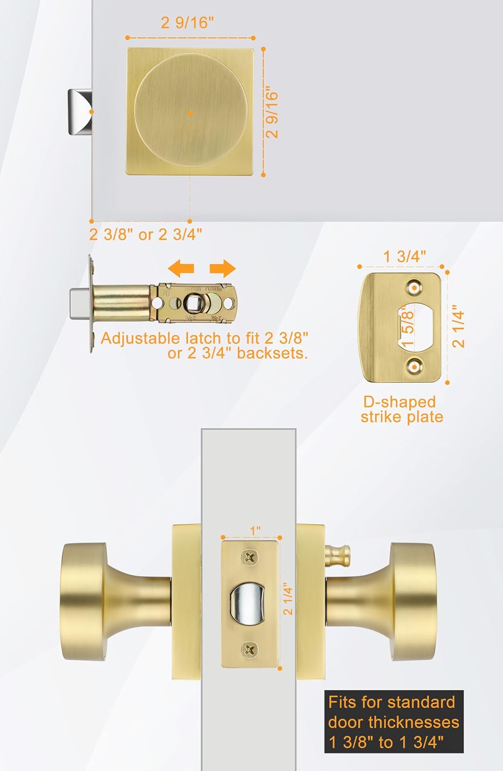 Contemporary Brushed Gold Privacy Interior Door Knob for Bedroom and Bathroom - Heavy Duty Zinc-Alloy, 1 Pack