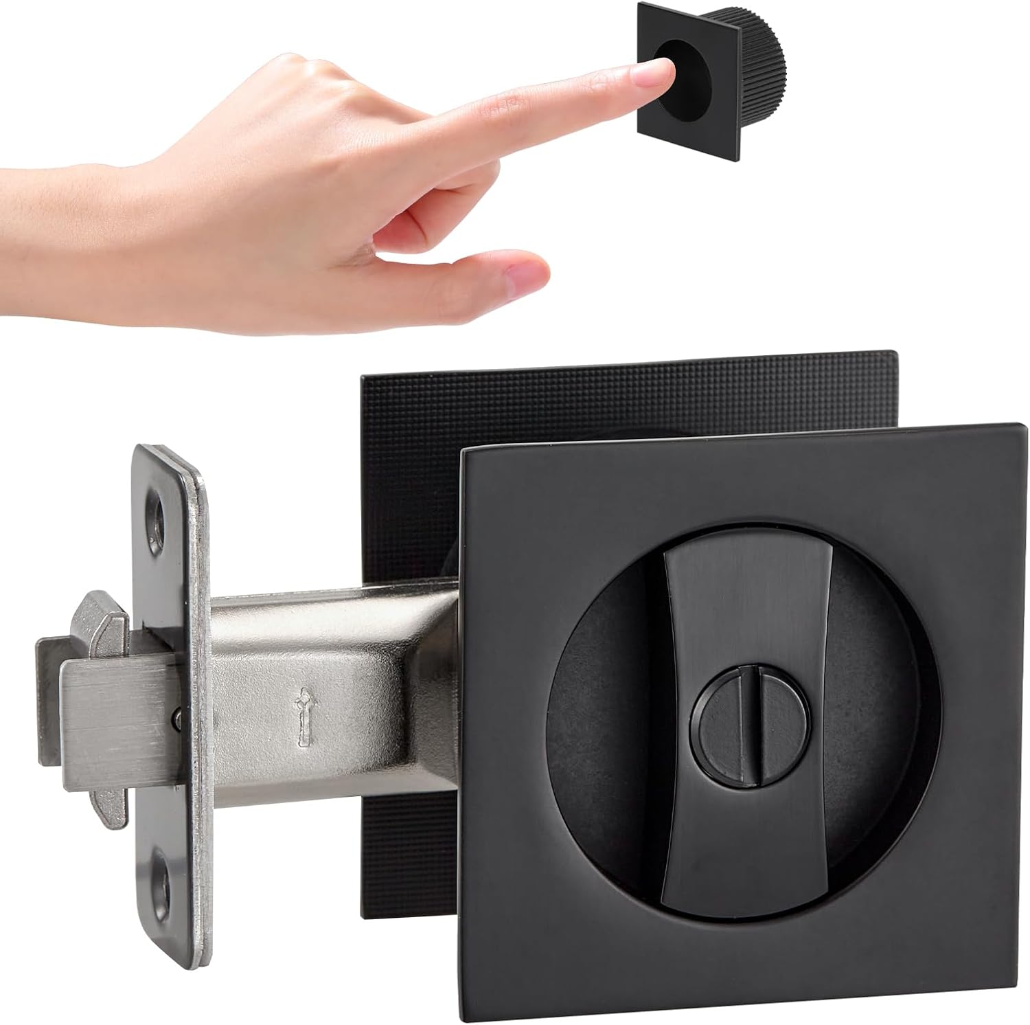 Contemporary Matte Black Pocket Door Hardware with Privacy Lock & Latch for Square Doors - 1 Pack - WildKart