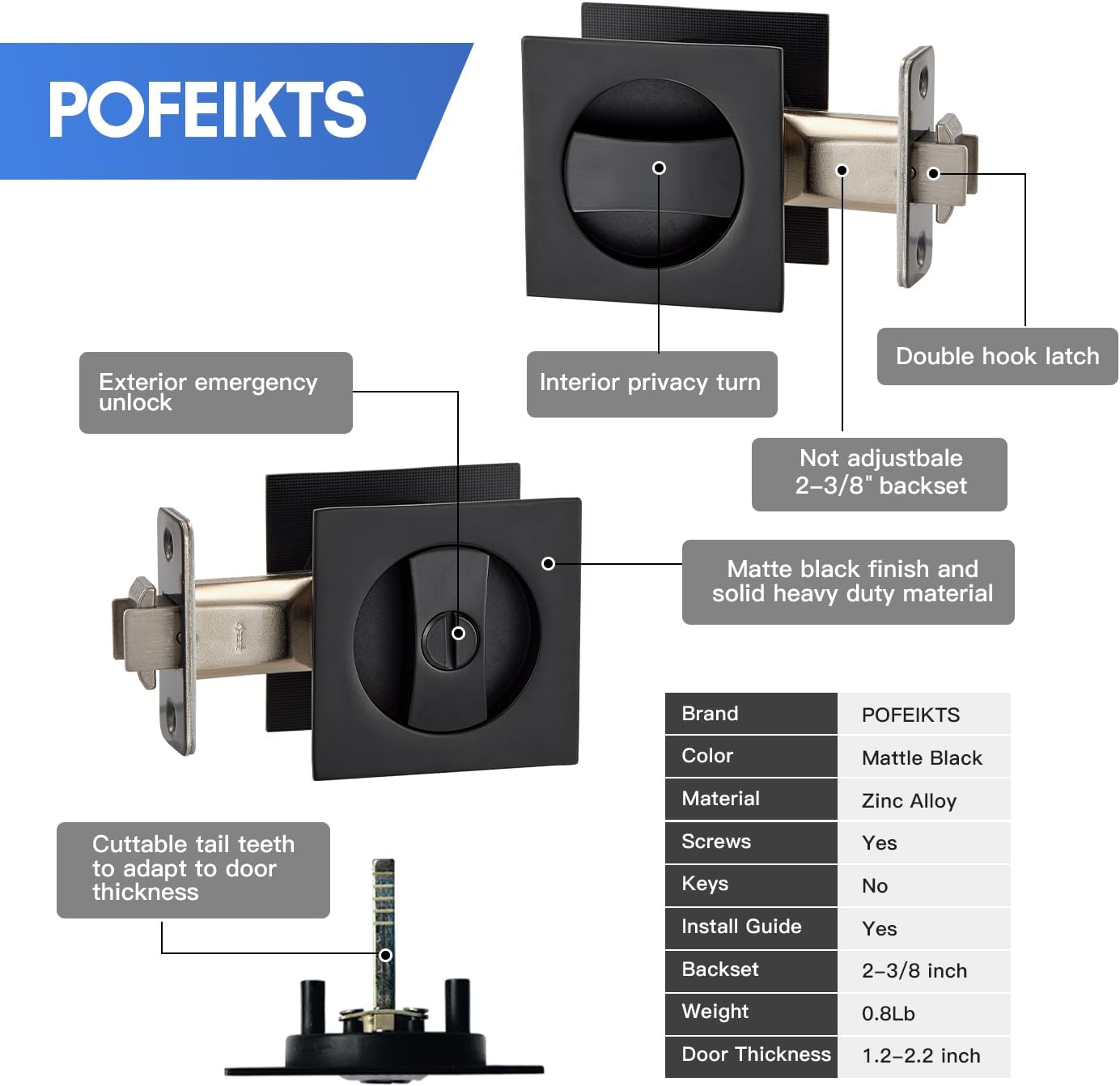 Contemporary Matte Black Pocket Door Hardware with Privacy Lock & Latch for Square Doors - 1 Pack - WildKart