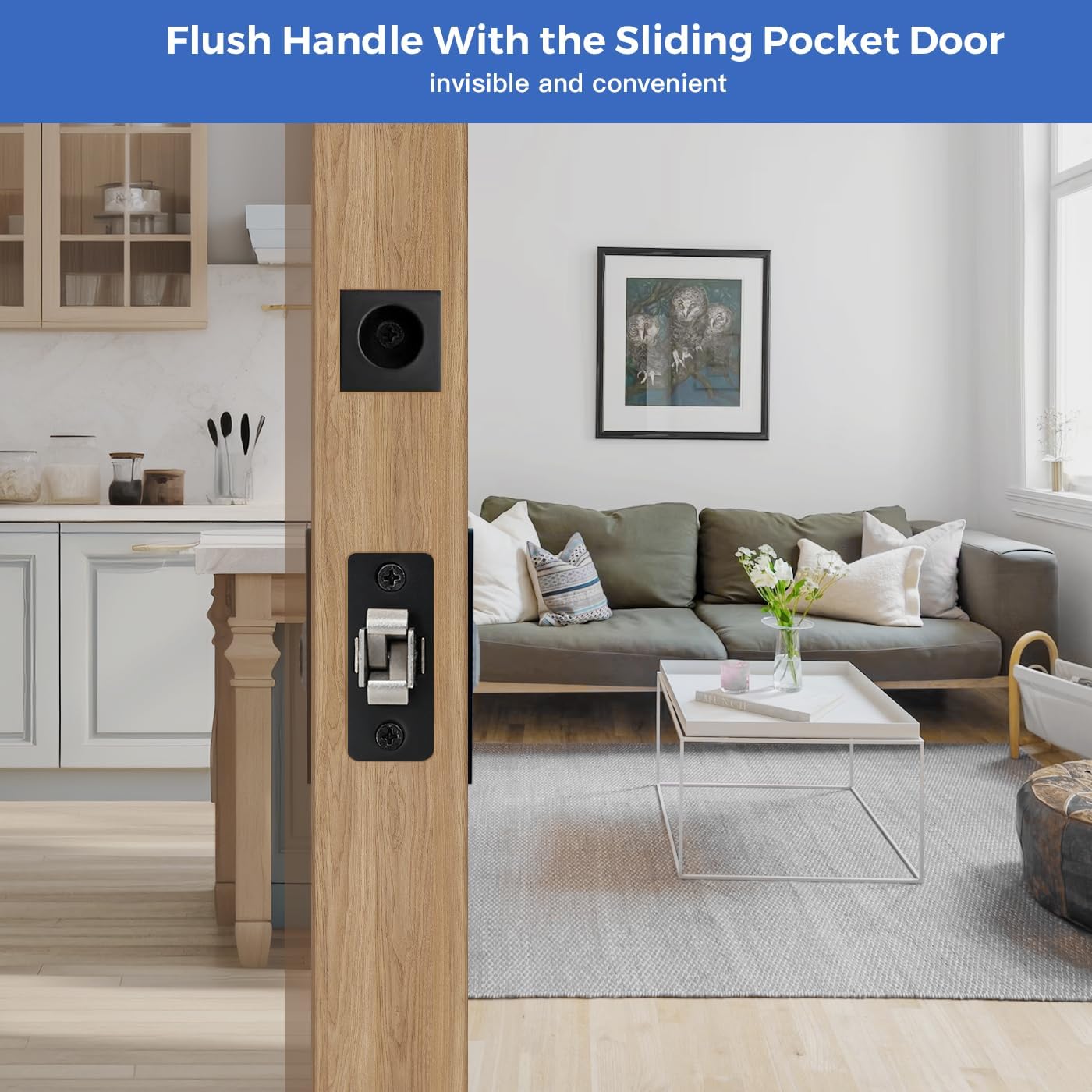 Contemporary Matte Black Pocket Door Hardware with Privacy Lock & Latch for Square Doors - 1 Pack - WildKart