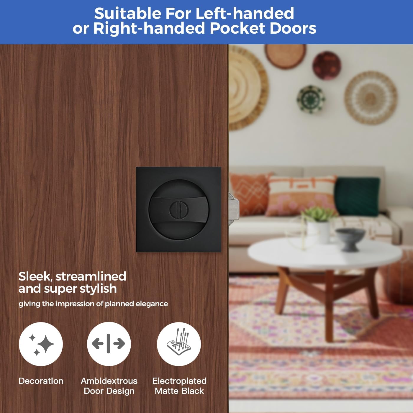 Contemporary Matte Black Pocket Door Hardware with Privacy Lock & Latch for Square Doors - 1 Pack - WildKart