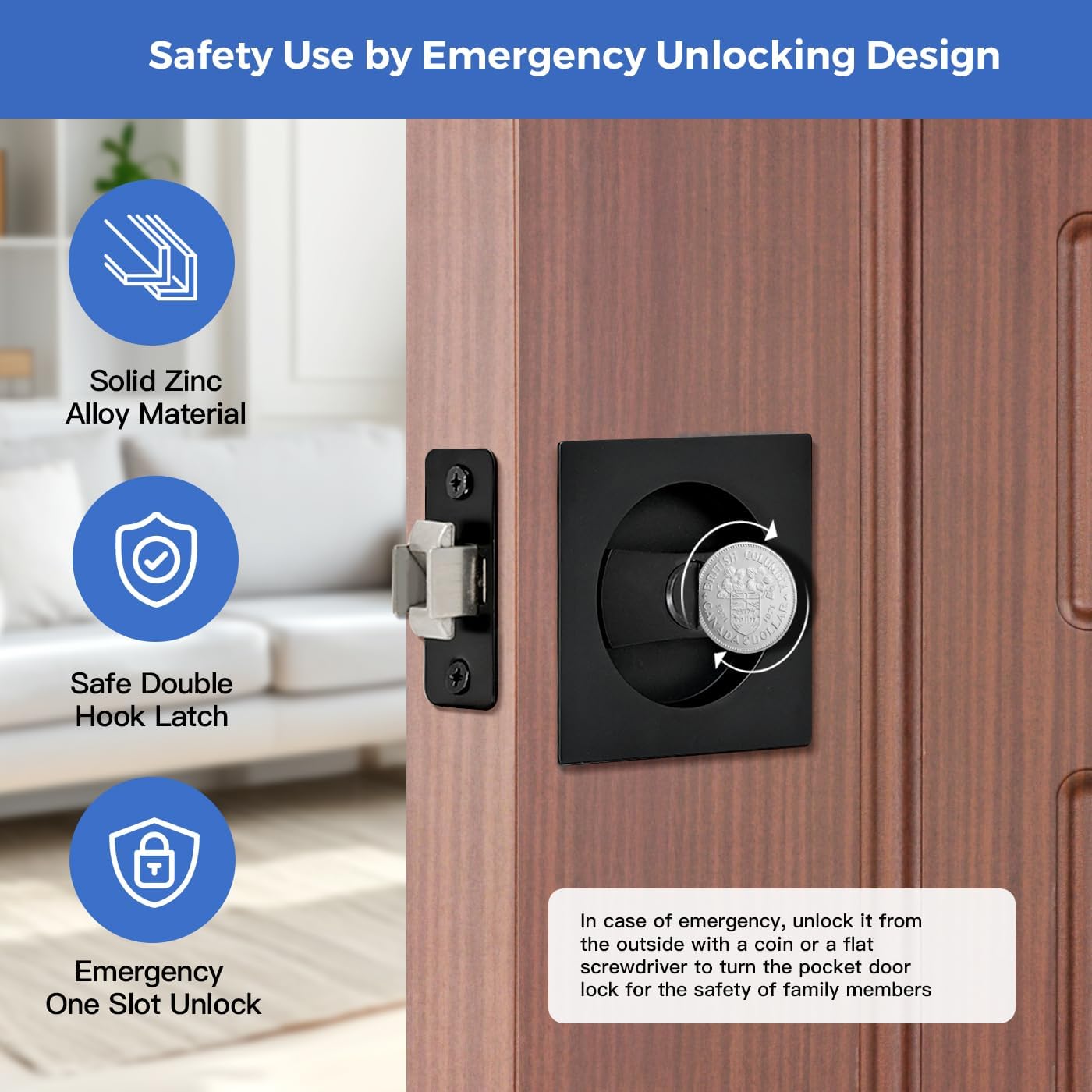 Contemporary Matte Black Pocket Door Hardware with Privacy Lock & Latch for Square Doors - 1 Pack - WildKart