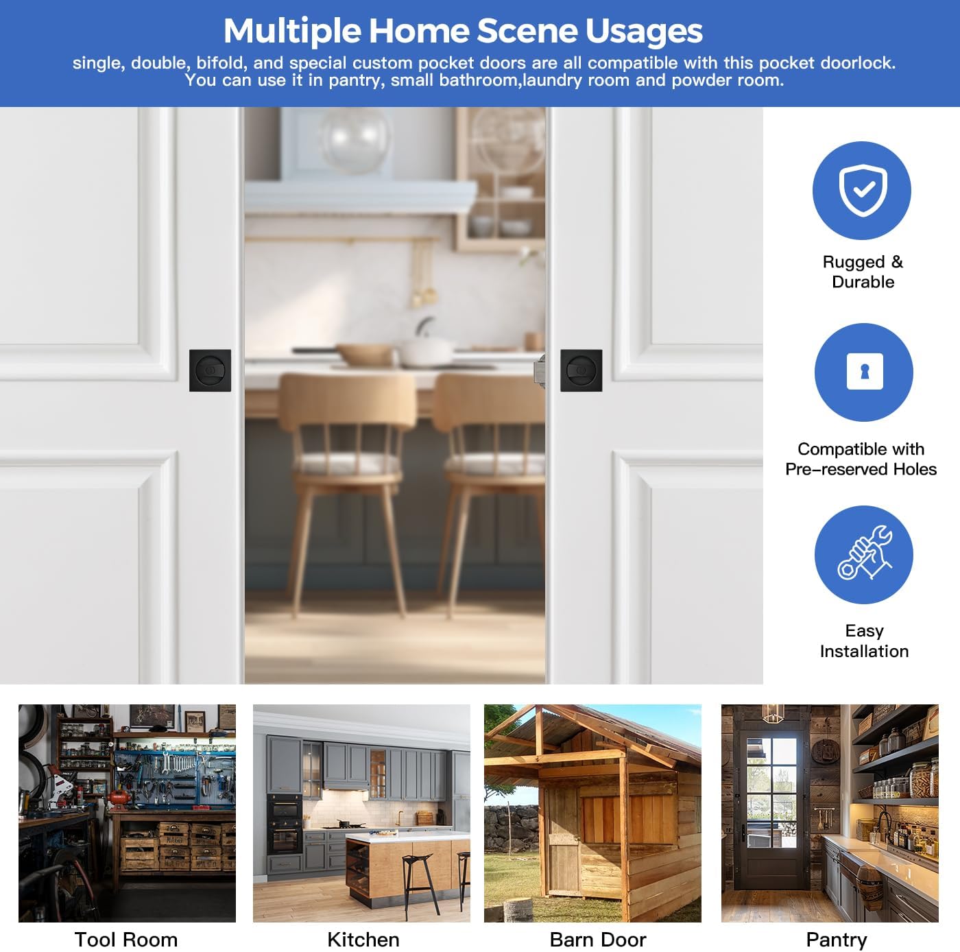 Contemporary Matte Black Pocket Door Hardware with Privacy Lock & Latch for Square Doors - 1 Pack - WildKart