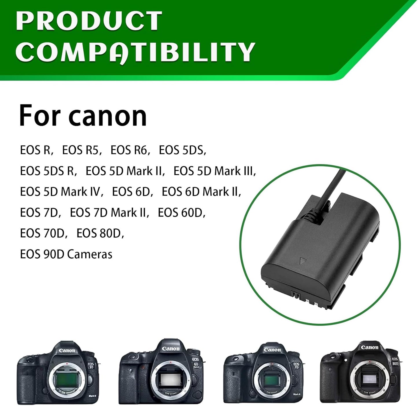 Continuous Power Adapter for Canon EOS Cameras: Gonine LP-E6 Dummy Battery ACK-E6 for R Series, 90D 80D 70D 60D 7D 6D, 5D Mark II/III/IV, 5DS 5DSR - R3 R5 R5C R6 R6II R7