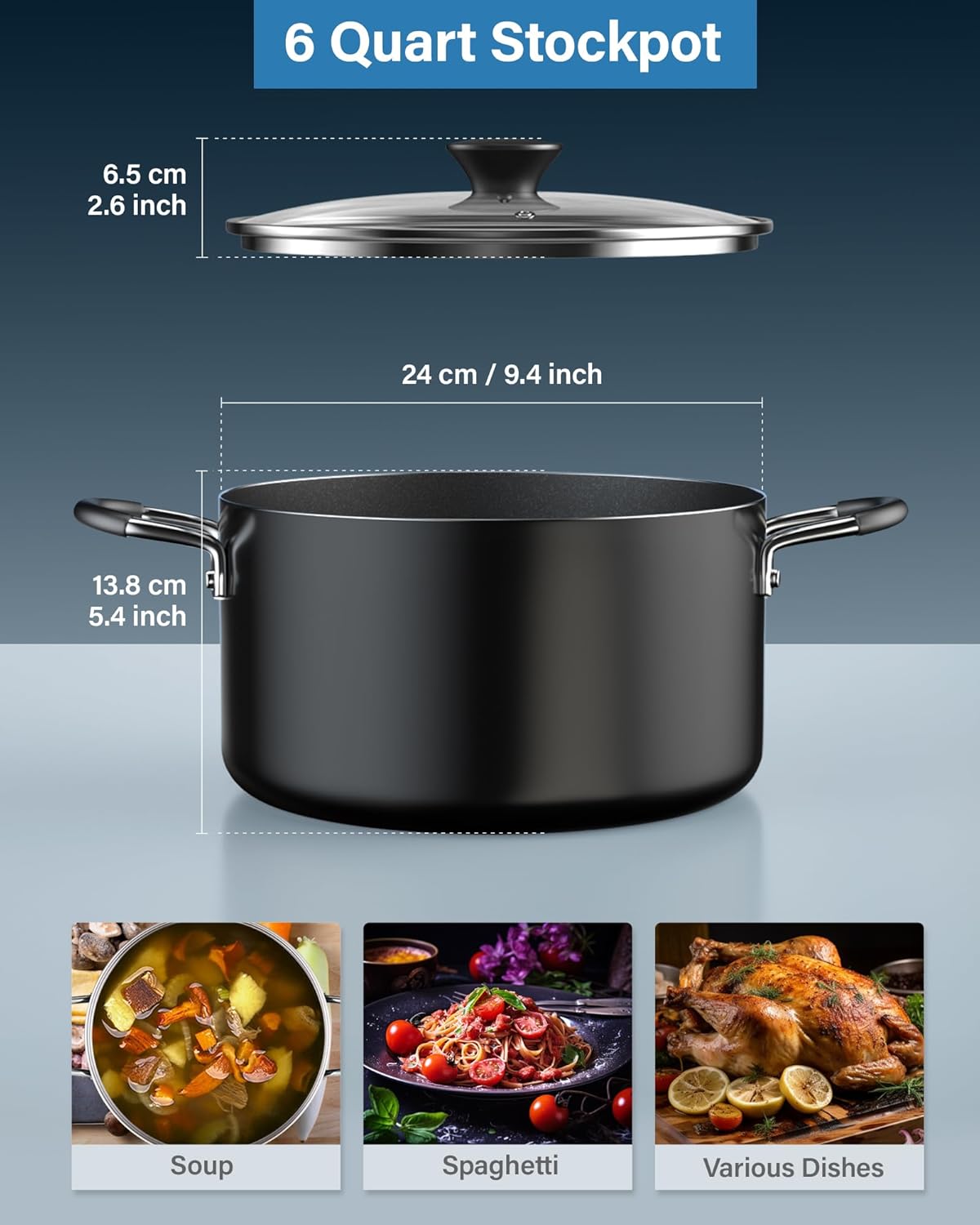 Cook N Home 6-QT Nonstick Stockpot with Glass Lid, Professional Deep Cooking Pot Casserole Cookware - Black