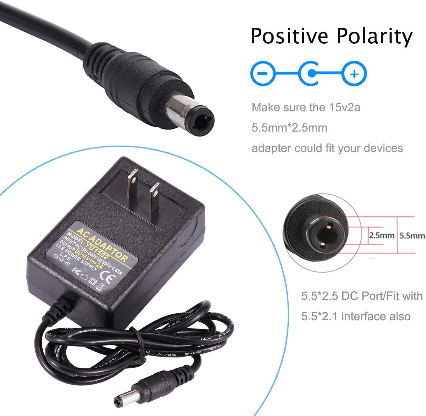 COOLM 15V 2A Power Supply Adapter with 5.5x2.5mm Interface - AC 100-240V 50-60hz DC Charger Transformer for 15 Volt Devices