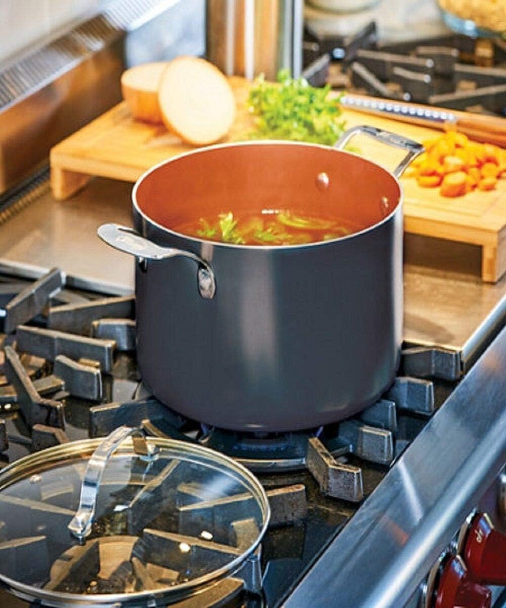 Copper 7 Quart Stock Pot with Ultra Nonstick Ceramic & Titanium Coating, Tempered Glass Lid - Dishwasher Safe