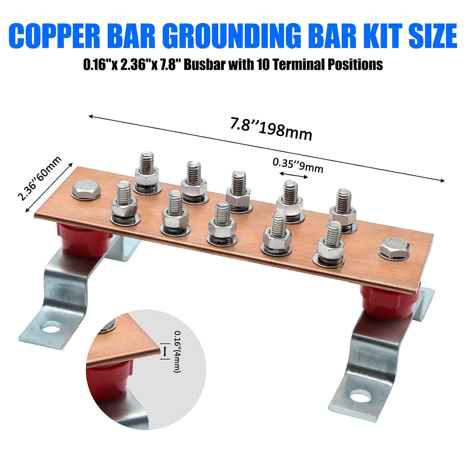 Copper Grounding Bar Kit for Wall Mounting with 10 Terminal Positions - Set of 2