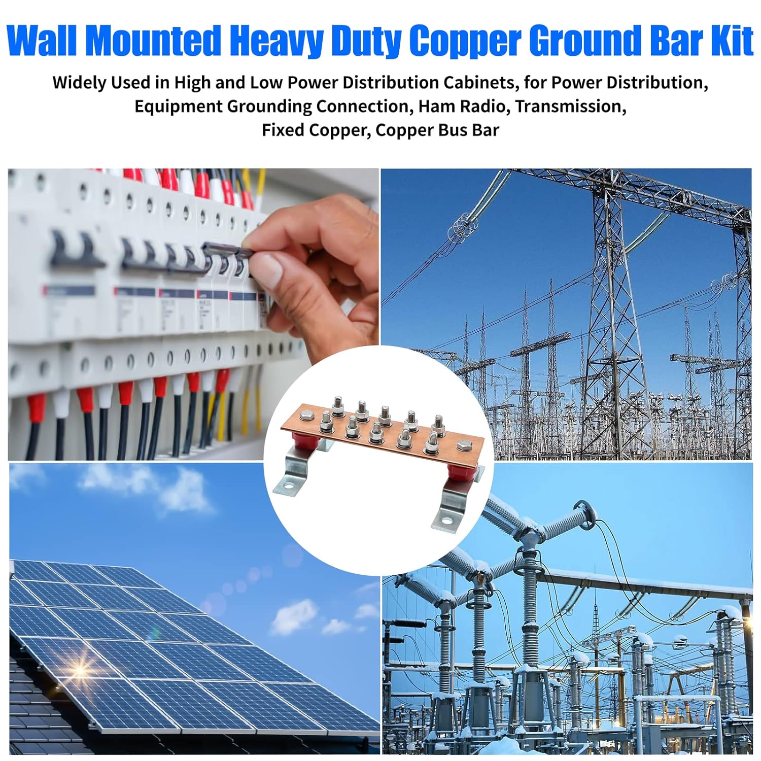 Copper Grounding Bar Kit for Wall Mounting with 10 Terminal Positions - Set of 2