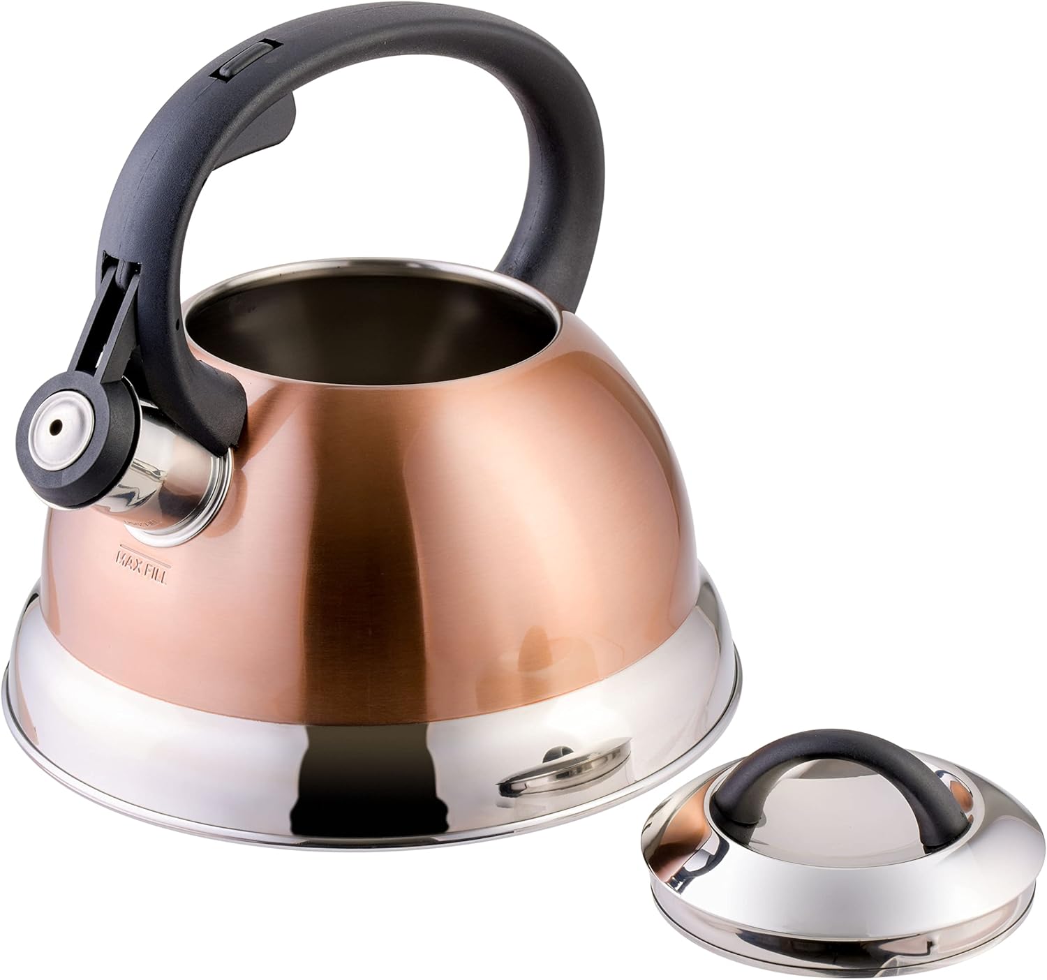 Copper Stainless Steel Whistling Tea Kettle with Nylon Handle - 1.75 Quart