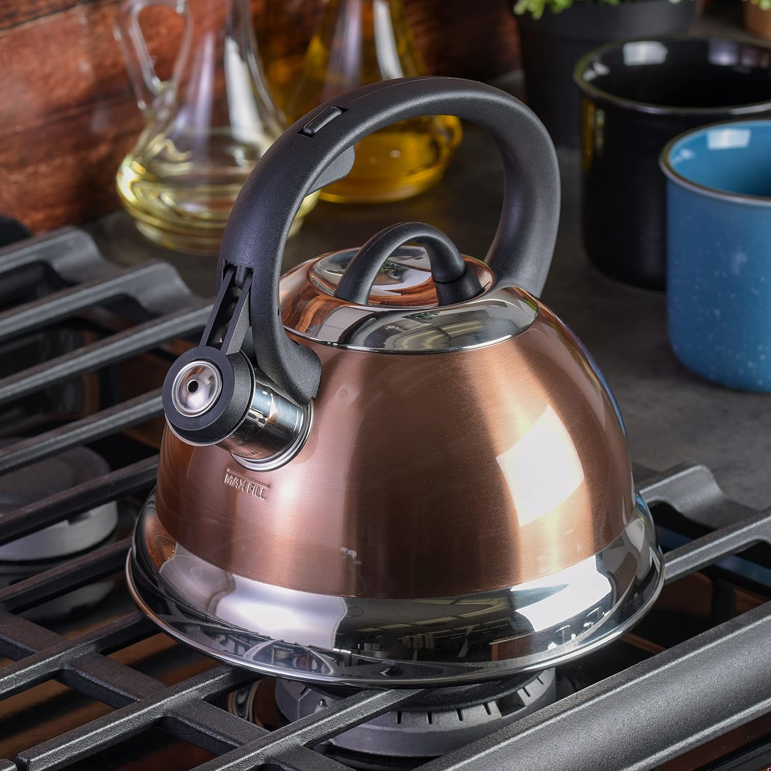 Copper Stainless Steel Whistling Tea Kettle with Nylon Handle - 1.75 Quart
