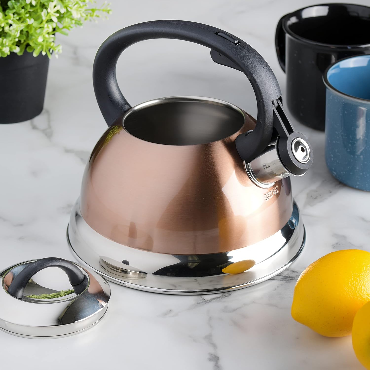 Copper Stainless Steel Whistling Tea Kettle with Nylon Handle - 1.75 Quart