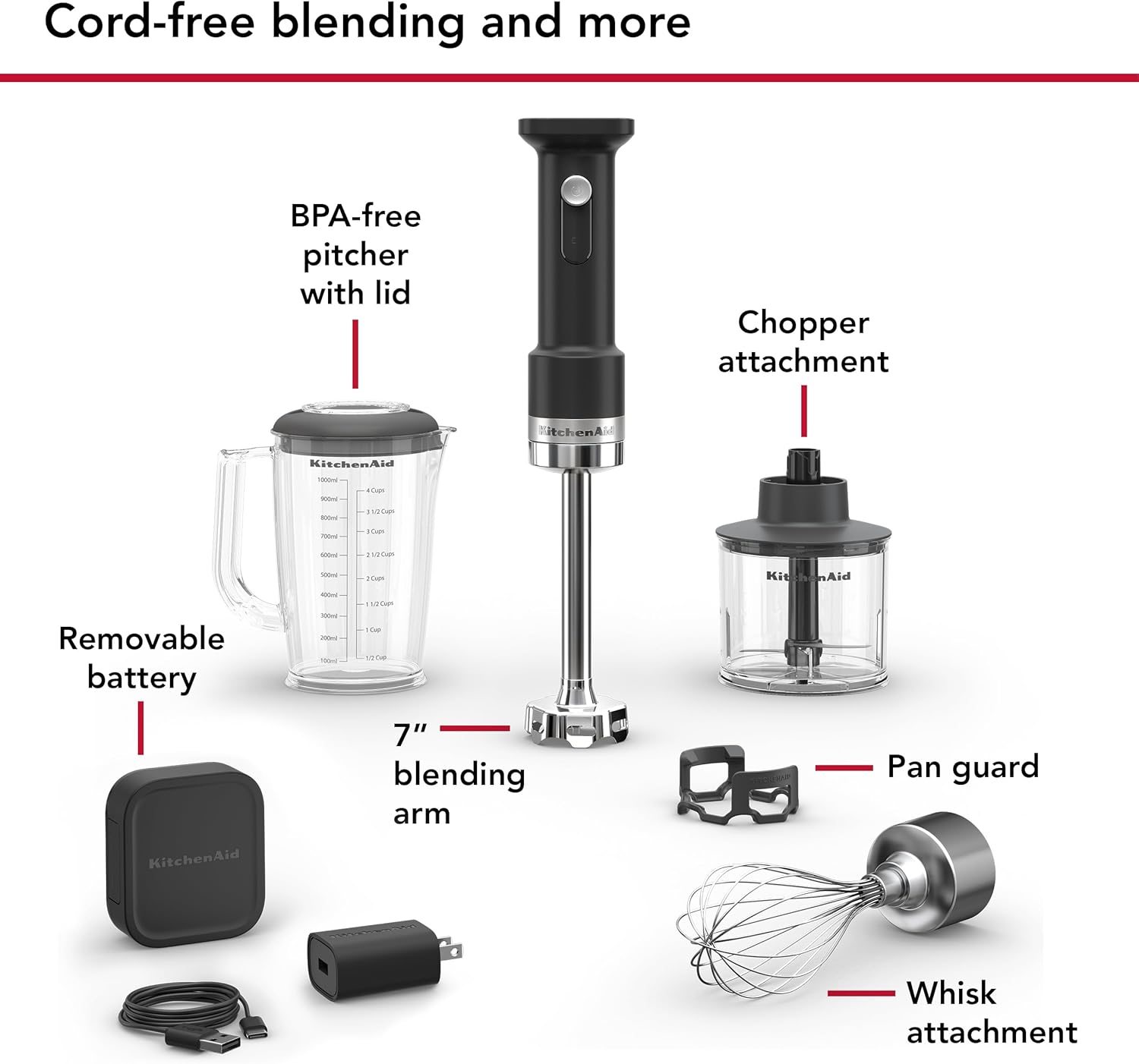 Cordless KitchenAid Hand Blender with Accessories and Battery - Model KHBRV75BM
