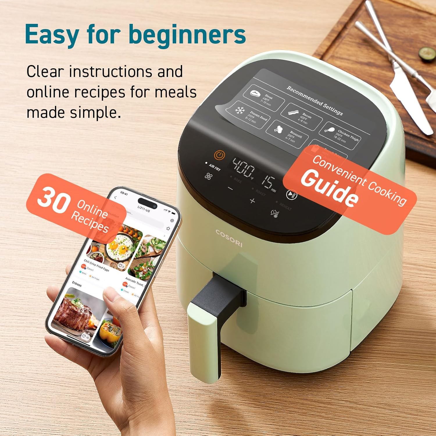 COSORI 2.1 Qt Air Fryer - 4-in-1 Mini Airfryer with Less Oil, Nonstick Basket, 30 Recipes, Auto-Shut Off - Green