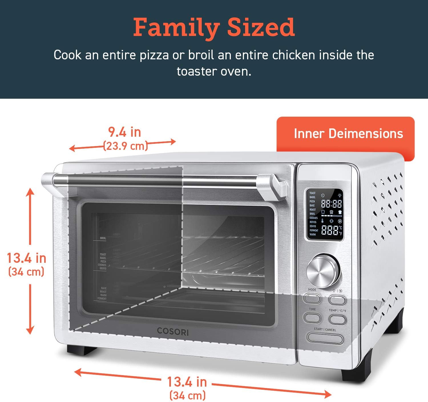 COSORI CO125-TO 11-in-1 Convection Toaster Oven with Rotisserie, Dehydrator, Pizza Function, 100 Recipes, 6 Accessories - 25L, Silver