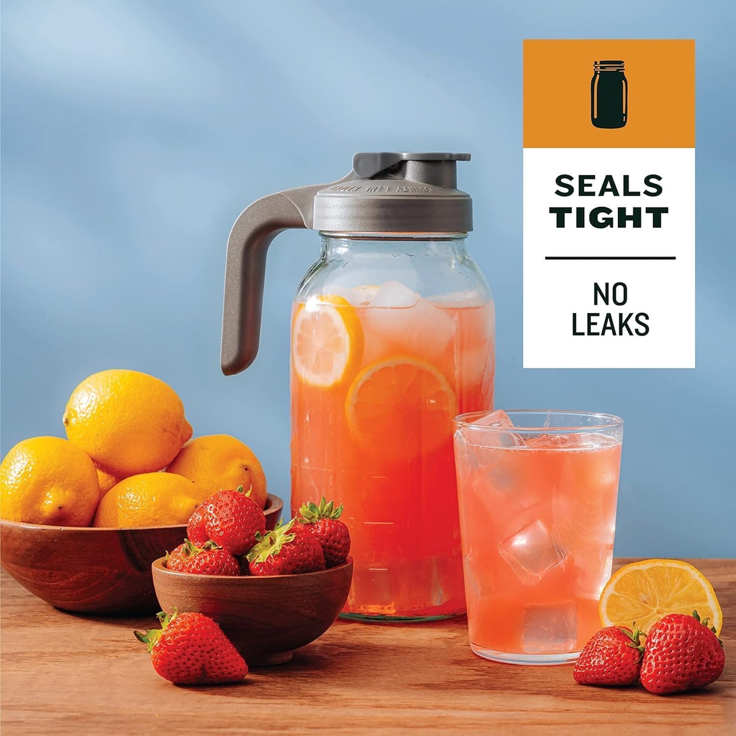 County Line Kitchen Glass Mason Jar Pitcher - 2 Quart Wide Mouth Pitcher for Cold Brew Coffee, Sun Tea, Water - Leak Proof Sage Pitcher with Lid