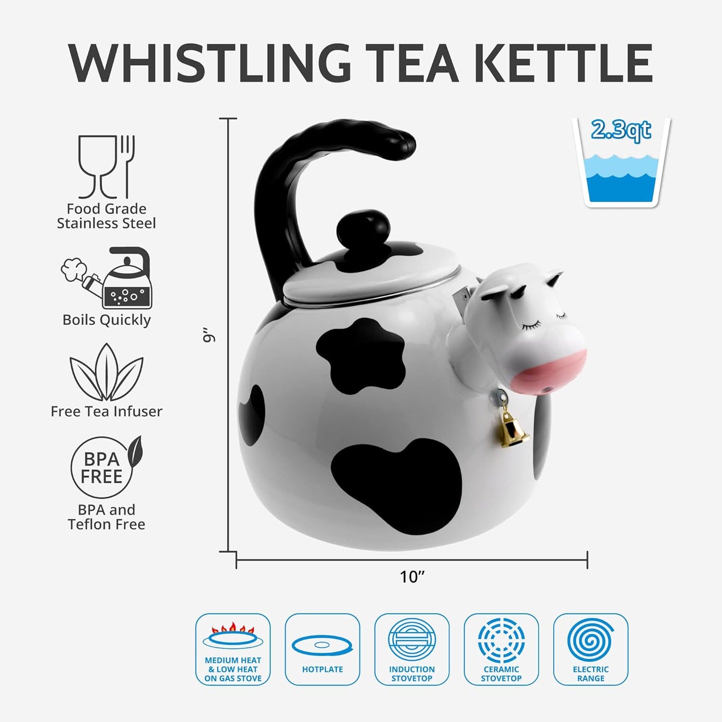 Cow Design 2.3 Quart Stovetop Whistling Tea Kettle - UPware Enamel on Steel