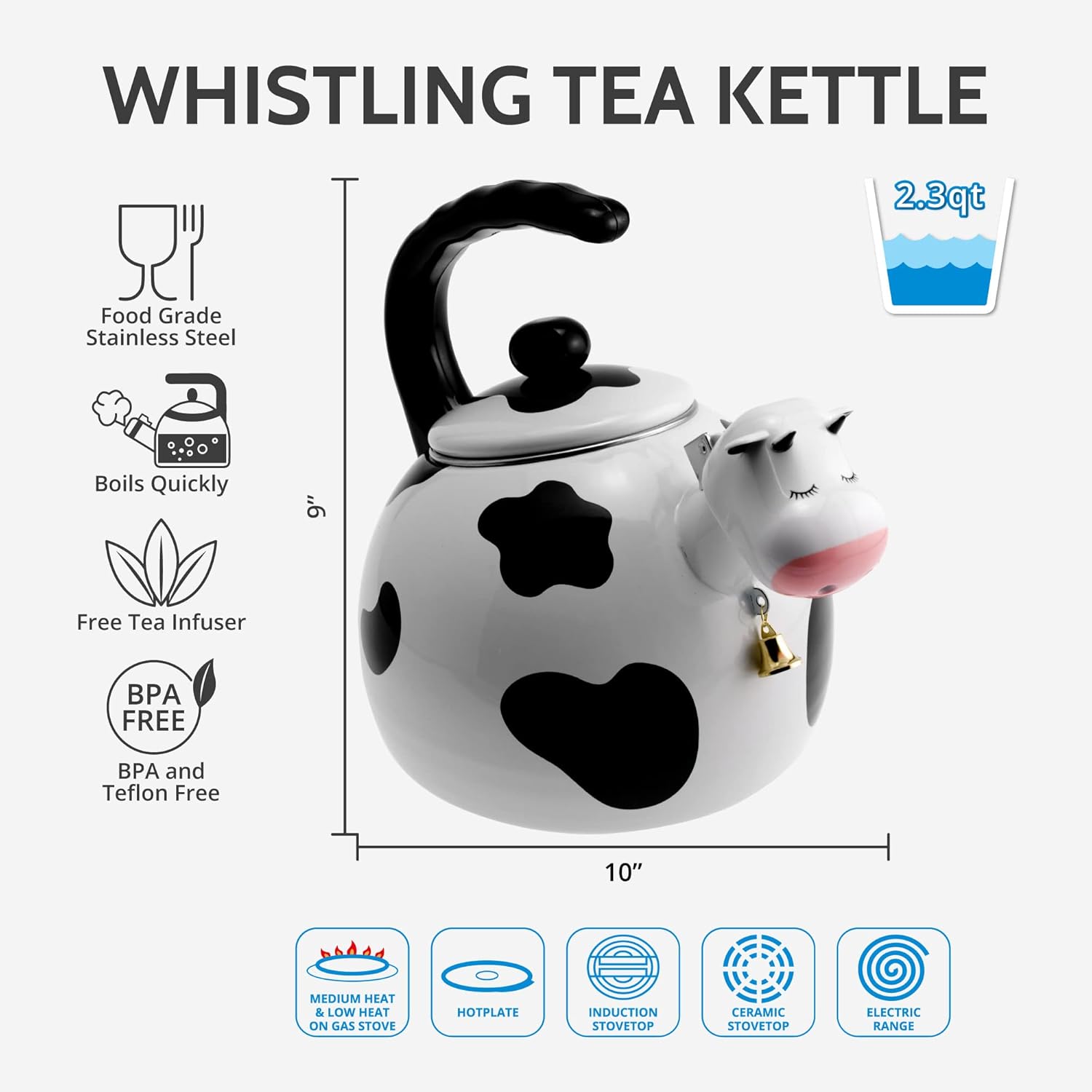Cow Design 2.3 Quart Stovetop Whistling Tea Kettle - UPware Enamel on Steel
