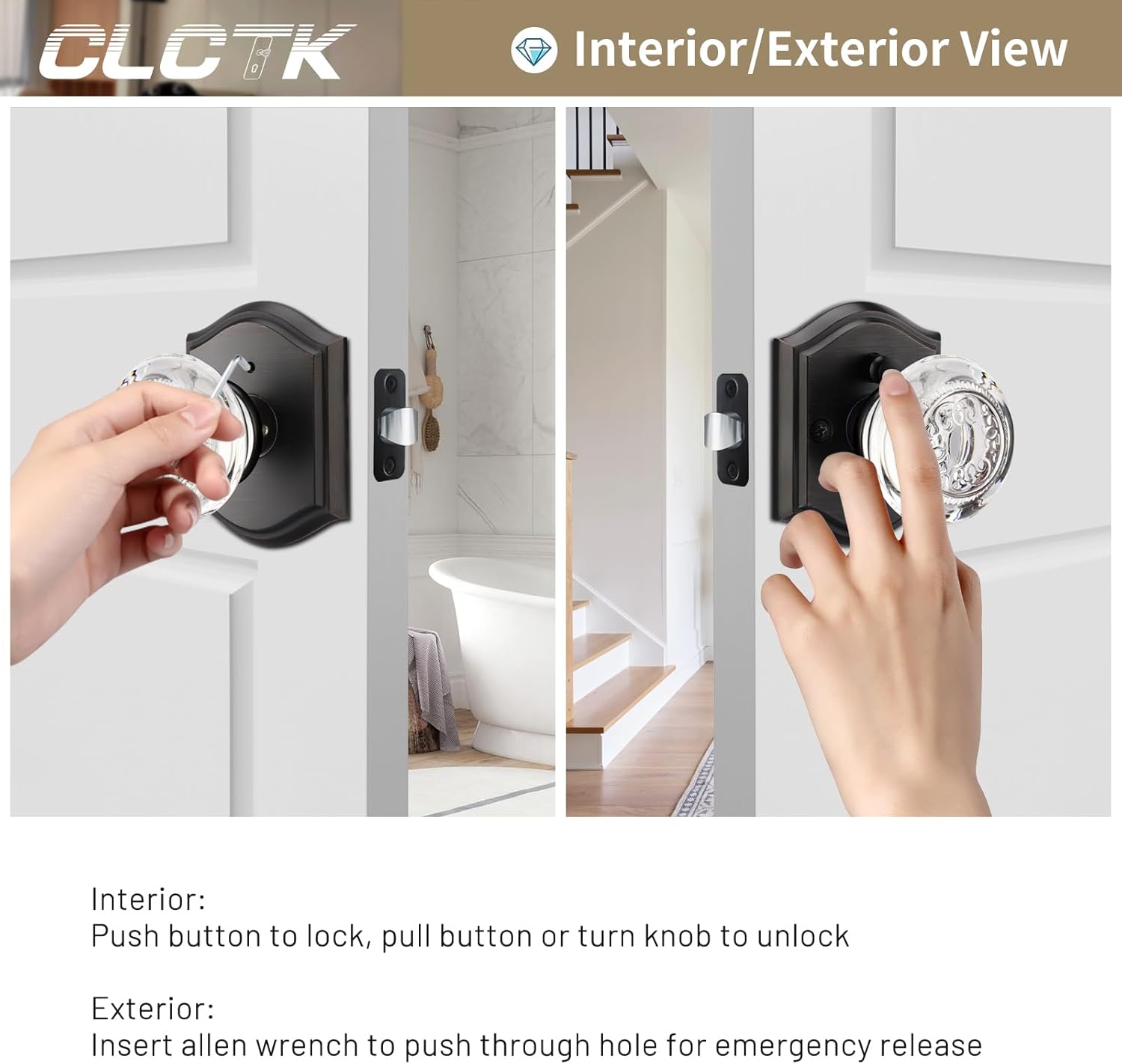 Crystal Glass Door Knob Interior Lock Set for Bedroom Bathroom - Oil Rubbed Bronze Finish - 1 Pack