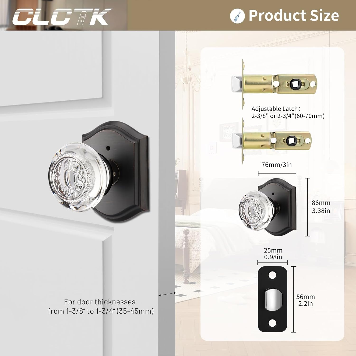 Crystal Glass Door Knob Interior Lock Set for Bedroom Bathroom - Oil Rubbed Bronze Finish - 1 Pack