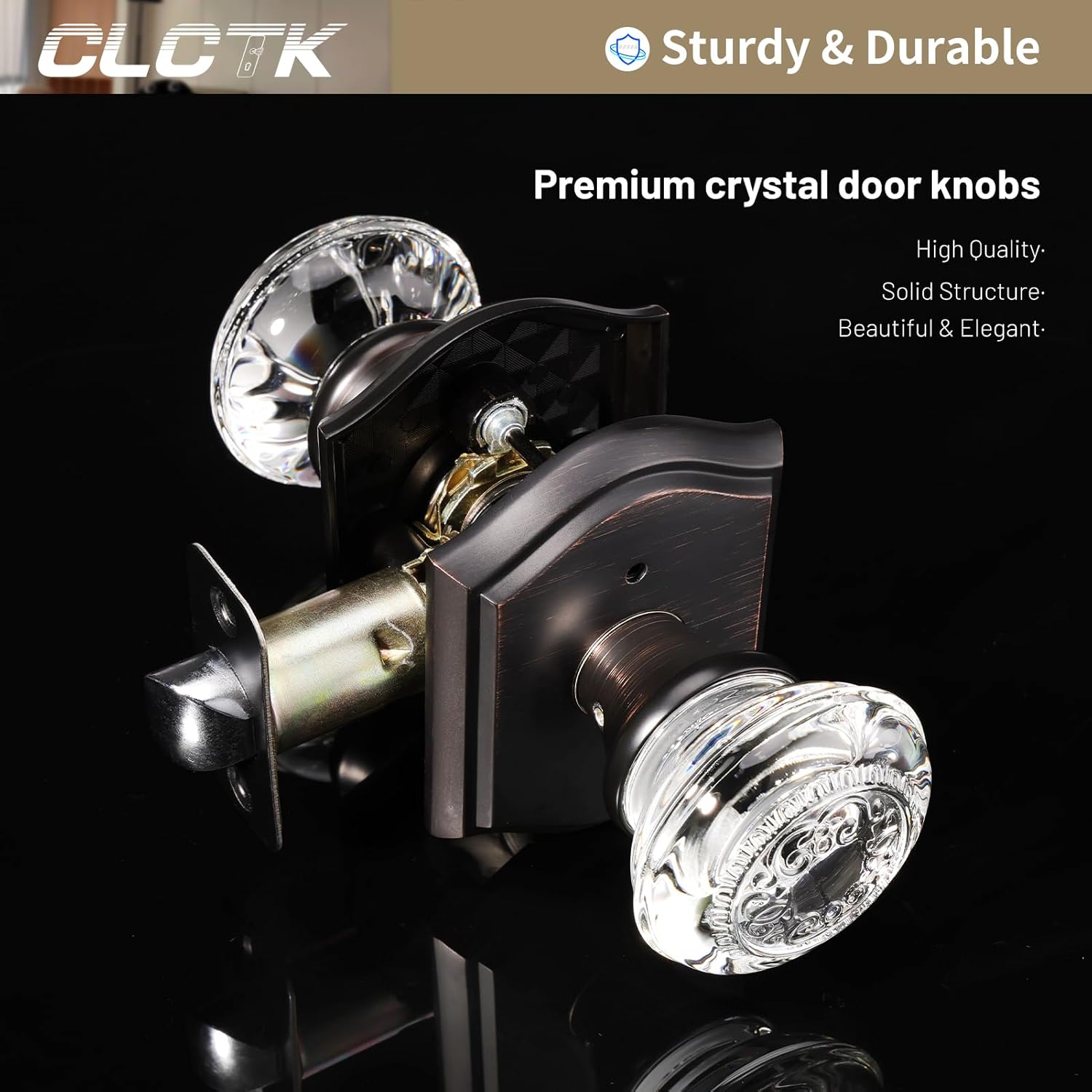 Crystal Glass Door Knob Interior Lock Set for Bedroom Bathroom - Oil Rubbed Bronze Finish - 1 Pack