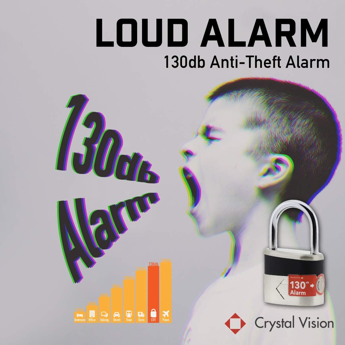 Crystal Vision Anti-Theft Loud 130db Alarm Lock - Weatherproof Heavy Duty Multi-Purpose (8.5mm)