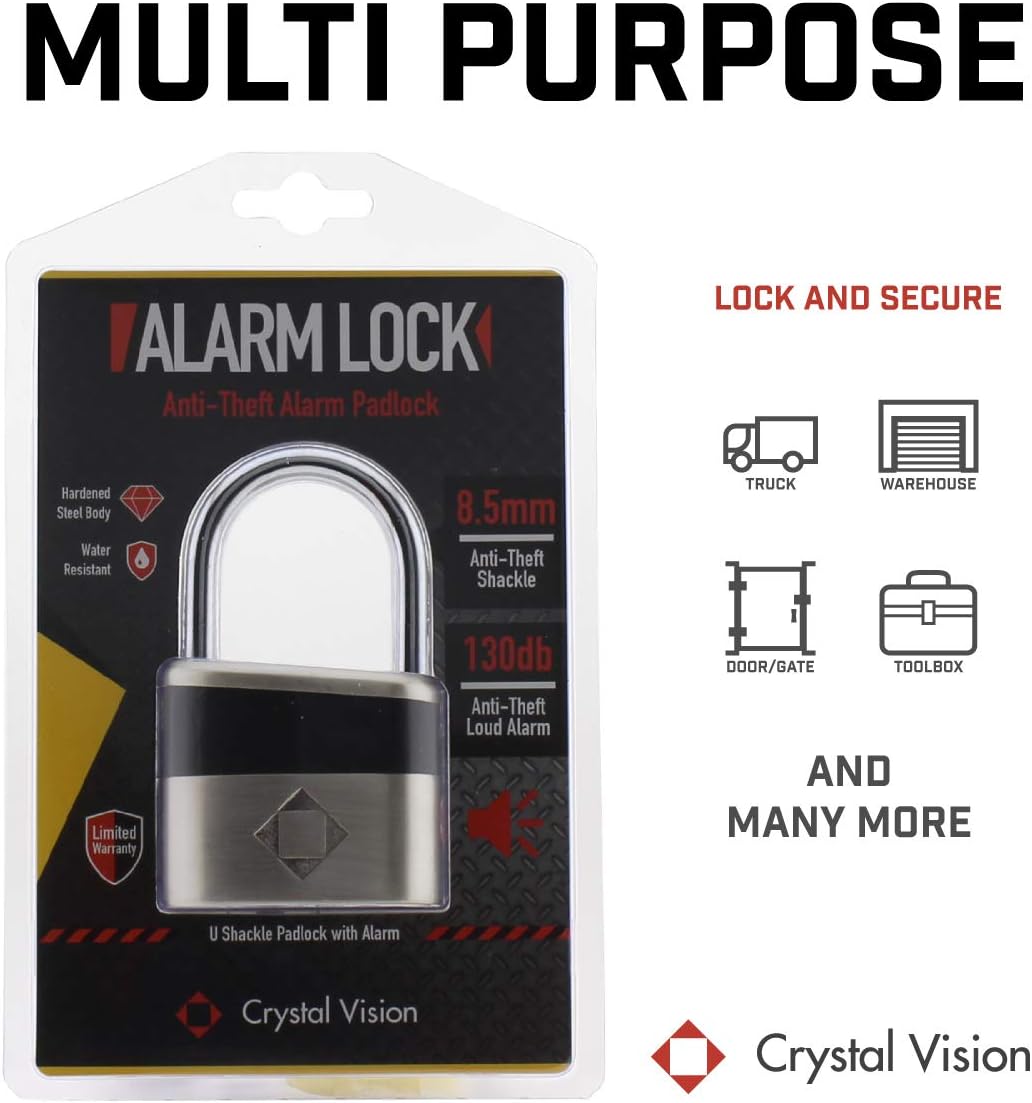 Crystal Vision Anti-Theft Loud 130db Alarm Lock - Weatherproof Heavy Duty Multi-Purpose (8.5mm)