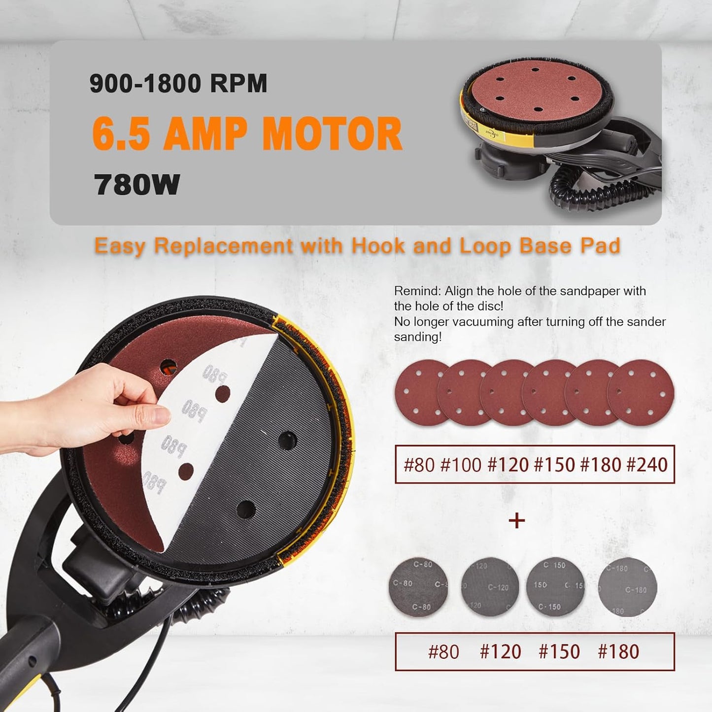 CUBEWAY 780W Popcorn Ceiling Removal Tool with Vacuum Attachment, LED Light, 7 Variable Speeds, Auto Dust Absorption, 27pcs Sanding Discs