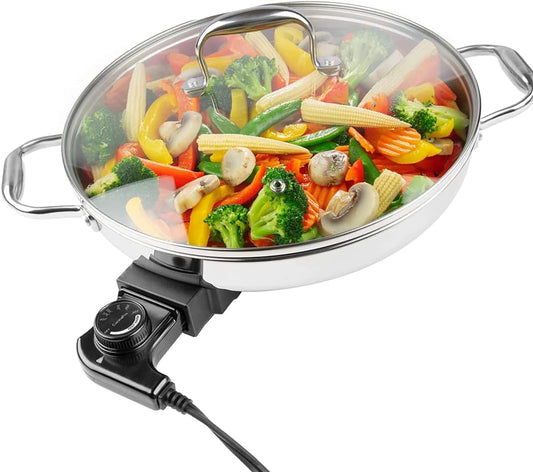 CucinaPro Electric Skillet - 12" Stainless Steel Frying Pan with Glass Lid, Adjustable Temperature, Recipe Guide - Great Gift