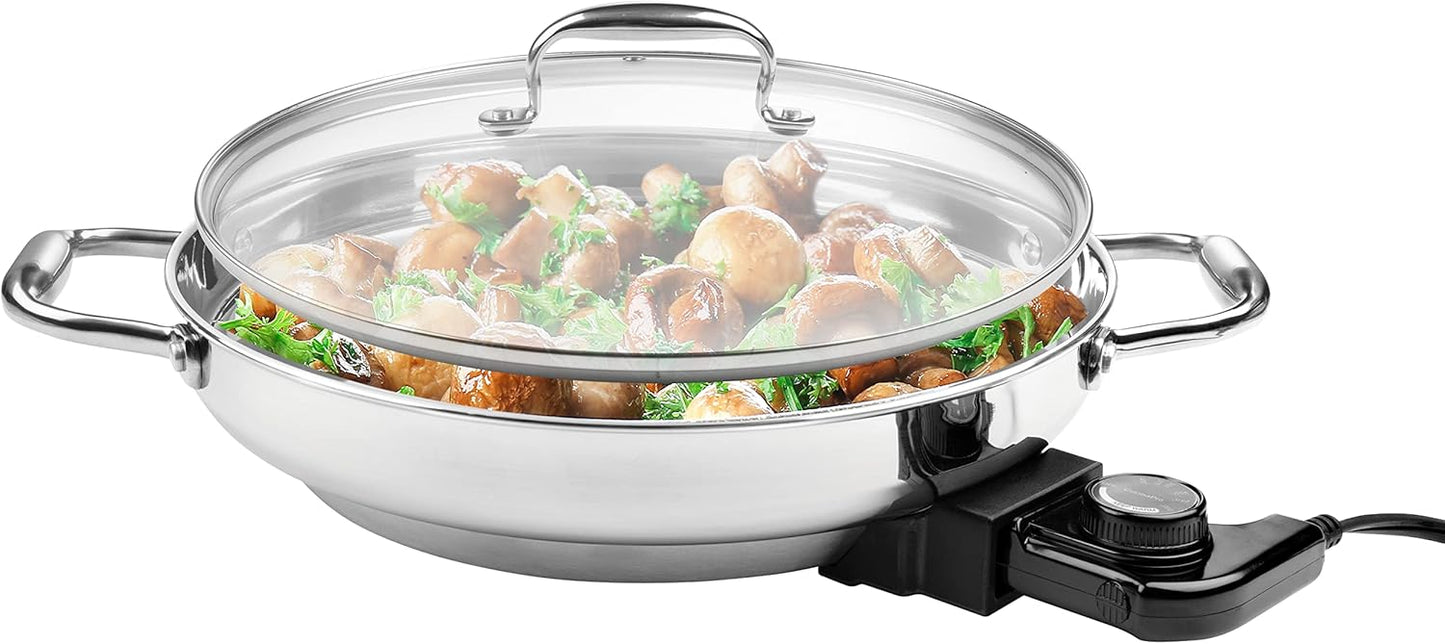 CucinaPro Electric Skillet - 12" Stainless Steel Frying Pan with Glass Lid, Adjustable Temperature, Recipe Guide - Great Gift